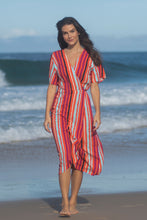 Load image into Gallery viewer, Red dress with purple, black, beige and light blue tripes Dress - one size only. Dress for women or girls with transpassed, envelope style. Dress with short sleeves. You can wear as a beach cover up or to go out. Dress material: Viscolin. Made in Brazil.
