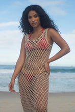 Load image into Gallery viewer, Beige see through Crochet Dress. it&#39;s being wore on top of a red crochet bikini.
